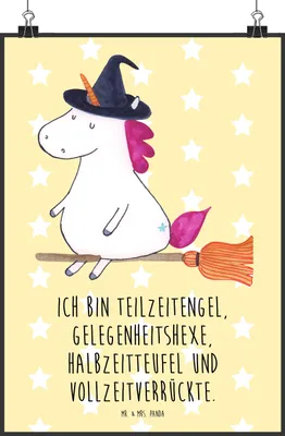 Produktbild von Mr. & Mrs. Panda Bild Einhorn Hexe DIN A2 - Gelb Pastell - Geschenk, drucke, Wandbild, Leben, Frau, Unicorn, Einhörner, Deko, wanddeko, Teufel, Posterdruck