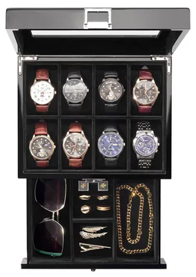Produktbild von Uhrenbox mit 8 Fächern und Schublade, Schwarz, Massivholz, Glasdeckel