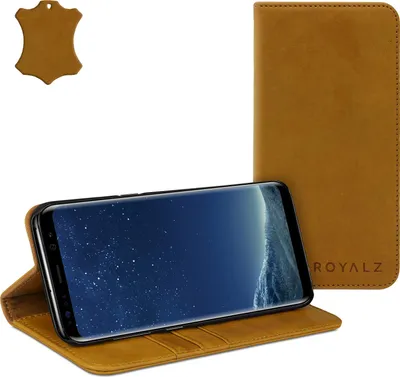 Produktbild von ROYALZ Schutzhülle für Samsung Galaxy S8 Ledertasche (5.8 Zoll) Lederhülle Tasche Book Case Cover Schutztasche Handyhülle Hülle Vintage Leder, Farbe:Camel Braun