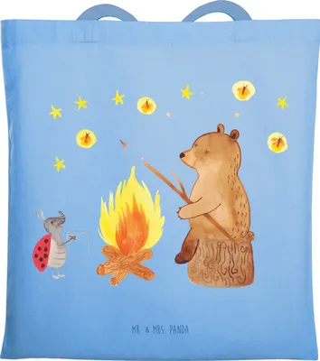 Produktbild von Mr. & Mrs. Panda Shopping Tasche Bär & Marienkäfer Lagerfeuer - Sky Blue - Geschenk, Jutebeutel, canvas, Schultasche, Teddy, Tote Bag, Uni