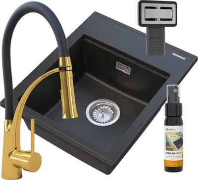 Zdjęcie produktu dla Granitan | Zlewozmywak granitowy – zlewozmywak kuchenny – zlewozmywak – 50 x 40 cm – zlewozmywak do zabudowy, czarny – bateria mieszająca NEXO Gold – ALOR