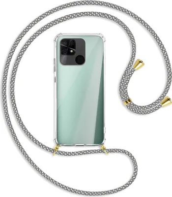 Produktbild von Handykette Backcover-Schutzhülle mit Band (Metall goldfarben) für Xiaomi Redmi 10C - weiß/grau kariert