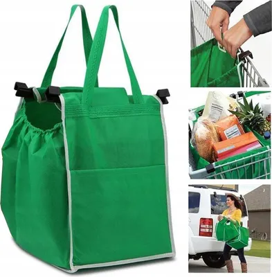 Collage of images showing a green shopping bag, its use in a shopping cart, and a person carrying it.