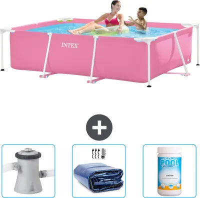 Produktbild von Intex-Schwimmbecken mit rechteckigem Rahmen – 220 x 150 x 60 cm – Rosa – im Lieferumfang enthalten Filterpumpe für Schwimmbad - Sonnensegel - Chlor