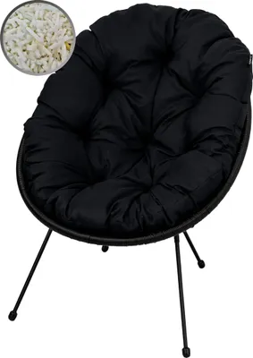 A black cushion chair with thin black legs on a white background. A circular inset shows a close-up of the cushion's filling.