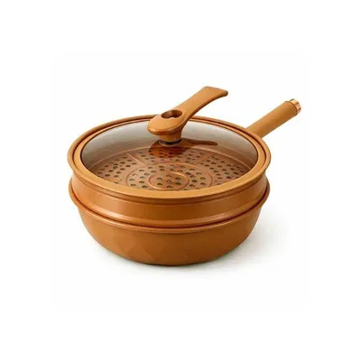 Zdjęcie produktu dla Patelnia wok 32 cm z żelaza, nieprzywierająca, szklana pokrywka, na gaz
