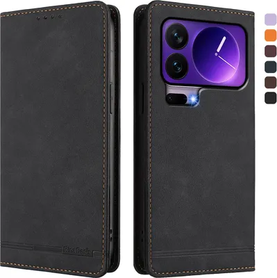 Image de Etui pour Xiaomi 17 Pro, étui rétro en cuirPolyuréthaneavec support et fentes pour cartes de crédit Noir
