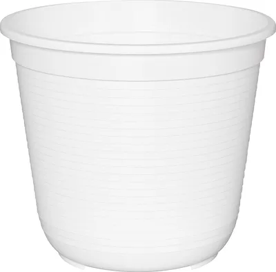A white plastic plant pot with horizontal ridges.
