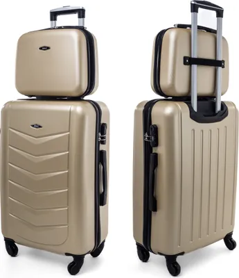 Two views of a gold luggage set on a white background.