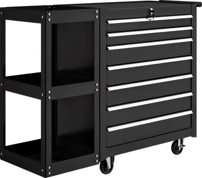 Produktbild von Werkstattwagen Werkzeugwagen mit 7 Schubladen abnehmbar Seitenregal 4 Rollen mit Feststellbremse, 96x33,5x75cm, Schwarz