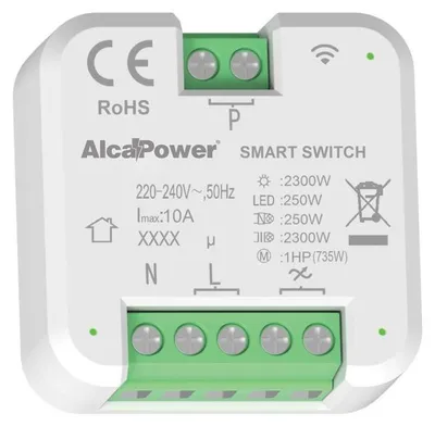 Immagine prodotto di Alcapower Smart Switch 230V AC Interruttore Intelligente 2300W 10A Wi-Fi per Automazione Domestica e Controllo Carichi Elettrici - 44x44x22mm