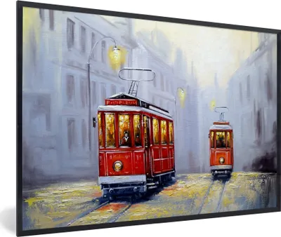 Produktbild von MuchoWow® Gerahmtes Poster Gemälde - Straßenbahn - Stadt - Öl 90x60 cm - Poster mit Schwarzem Bilderrahmen Wandposter Rahmen Foto Bilder - Fotorahmen - Foto-Plakat