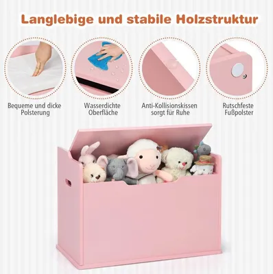 Immagine prodotto di Scatola portagiochi con coperchio 2 in 1 con cuscino, mobiletto portagiochi in legno con maniglie per il trasporto, rosa