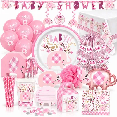 Produktbild von XL Partyset Baby Shower Mädchen rosa Geburt Elefant Party Deko Dekoration