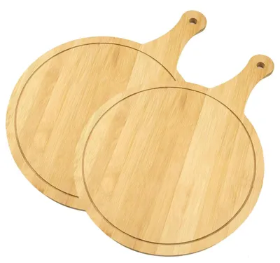 Pizzabrett 2er-Set, 30 cm, Bambus, rund, mit Griff und Rillen