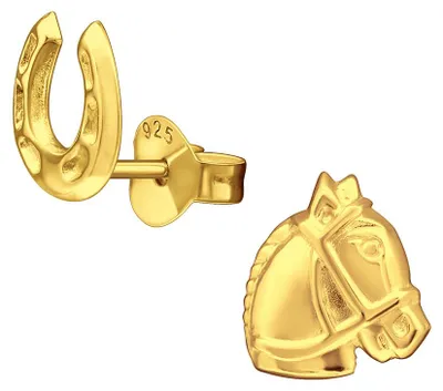 Produktbild von Pferd & Hufeisen Ohrringe für Mädchen gold: Kinder Ohrstecker Silber 925