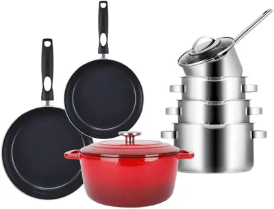Imagen del producto de Juego de ollas y sartenes Sola Topfset Pearl, 7 piezas, acero inoxidable, apto para inducción: olla ø 16, 18, 20 cm, olla con asa ø 16 cm, sartén ø 24, 28 cm y cazuela ø 24 cm