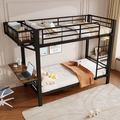 Zdjęcie produktu dla Łóżko piętrowe 90x200 cm z drabiną i biurkiem, łóżko młodzieżowe z otwartą półką, łóżko piętrowe z barierką, kolor czarny, metal + MDF