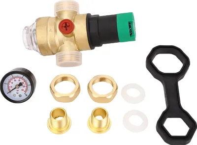 Productafbeelding van Drukregelaar voor water, messing afsluitklep voor leidingen met manometer en filter, geschikt voor gebruik in huis en tuin, 3/4 inch (DN20)
