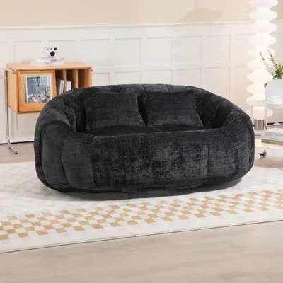 Image de LVHOM Pouf classique avec 2 coussins, Bean Bag avec pouf, Lazy Sofa Chenille Chaise douillette Poufs, Chaise longue, Canapé 2 places, Noir