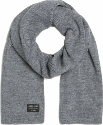 A gray knitted scarf is laid out flat against a white background.