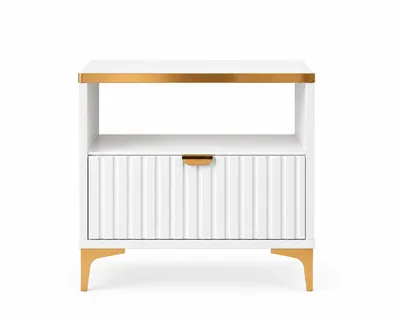 Produktbild von Millie Nachttisch mit geriffelter Front Weiß und goldenen Metallfüßen 42x45x30 cm