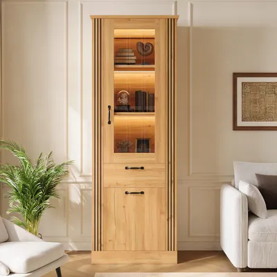 Image de Armoire vitrine en verre avec porte miroir, meuble haut avec éclairage LED contrôlable via une application, étagères, tiroir, espace de rangement, poignées en aluminium, finition naturelle