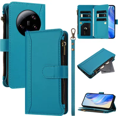 Image de Etui pour Xiaomi 13 Ultra, zippé, étui portefeuille en cuirPolyuréthaneavec pochettes pour cartes, support et dragonne Bleu lac