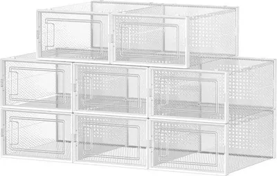 Produktbild von Famanu Schuhboxen faltbar und stapelbar bis Größe 44 transparent und weiß 8 Stück