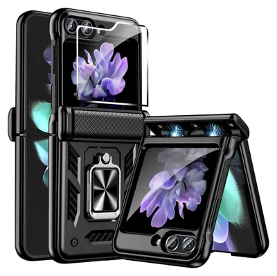 Produktbild von Fewdew für Samsung Galaxy Z Flip 5 Hülle,Z Flip 5 Handyhülle mit Scharnierschutz & Schutzfolie für Frontdisplay,360° Magnetisch Ring Ständer,Schutz in Militärqualität Stoßfest Case Cover,Schwarz