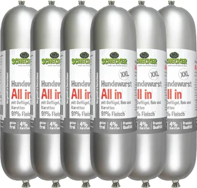 Produktbild von 6 x 800 g Schecker - Hundewurst All In Fleischwurst - Geflügel-Reis-Karotten mit 91 % Fleisch
