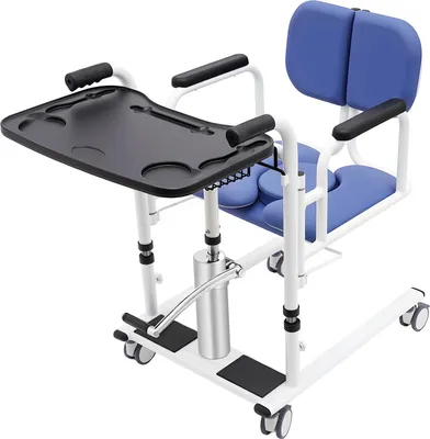 Zdjęcie produktu dla Podnośnik pacjenta – hydrauliczny fotel transferowy – nośność 150 kg – 4 rolki – wysokość podnoszenia 30,2–46,2 cm – przenośny – niebieski