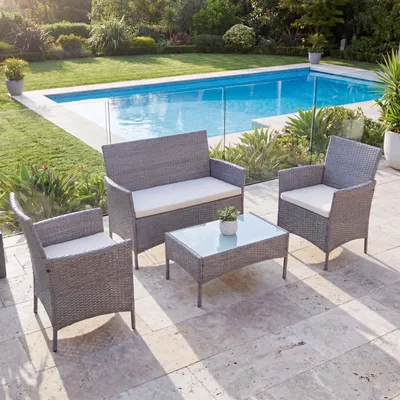 Produktbild von 2-1-1 Poly-Rattan Garten-Garnitur Halden, Sitzgruppe Lounge-Set Sofa  grau, Kissen creme