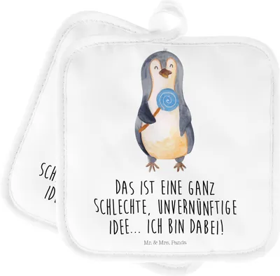 Produktbild von Mr. & Mrs. Panda Topfuntersetzer Pinguin Lolli - Weiß - Geschenk, Rabauke, Topflappen Set, Süßigkeiten, Kochlappen, Ofenlappen, Unvernünftig, topfhalter, Spruch