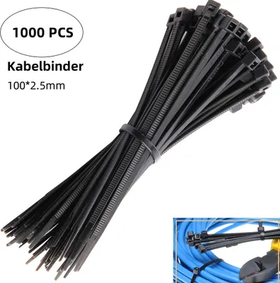 Produktbild von 1000 Kabelbinder Schwarz Set Kabelbinder Klettband Kabelmanagement Industriequalität Groß Hochleistungs Innen Außen, 100 mm, 2,5 mm, 1000 Stück