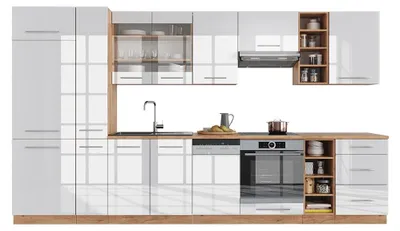 Produktbild von Küchenzeile Vicco Fame-Line Weiß Hochglanz/Goldkraft Eiche 355 cm , AP Marmor, Model 49307