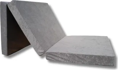 A gray folding mattress is shown on a white background.