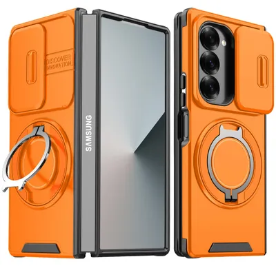 Produktbild von Handyhülle für Samsung Galaxy Z Fold6 Dual-Layer Stoßfest Militär Hülle mit Dia Kameraschutz, Magnetisch Ring Ständer Orange