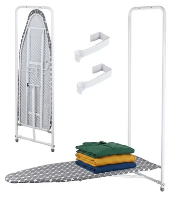 Produktbild von Relaxdays Bügelbrett Türmontage, 108,5 x 43 cm, platzsparend klappbar, kleine Räume, Bügeltisch zum Aufhängen, weiß/grau