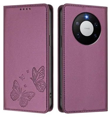 Obrázek produktu pro Kožené pouzdro pro Huawei Mate 80 Pro, motýlí ražbou, peněženkové flip pouzdro se stojánkem Fialová