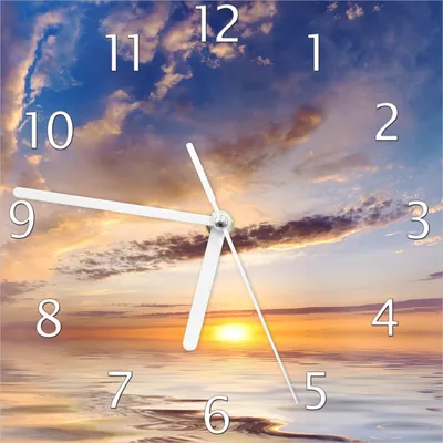 Produktbild von Wallario Design Wanduhr Sonnenuntergang über dem Wasser aus Echtglas, Größe 20 x 20 cm