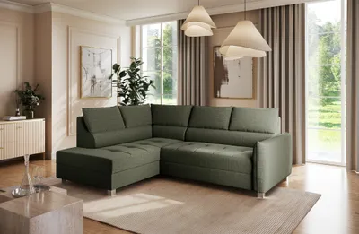 Productafbeelding van Eckbank, slaapbank, bank MARNO, bekleed met stof Vogue in mosgroen, met een ottoman aan de linkerkant