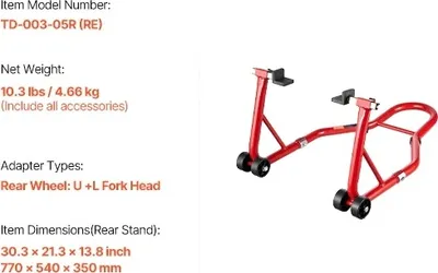 Obrázek produktu pro Stojanový zvedák na motocykl, nosnost 385 kg, univerzální přizpůsobení pro přední a zadní kolo, ČERVENÝ