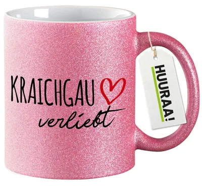 Produktbild von Huuraa Glitzertasse Kraichgau verliebt 330ml Pink Keramik Kaffeebecher Geschenkidee