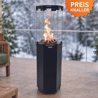 Produktbild von BRAST Gasheizer Gasheizstrahler FLAME | 2-stufige Heizleistung 4 oder 8 kW | 6-seitiges Feuerglas | inkl. XL Zubehör-Set | Piezo-Zündung | Terrassenheizer für Gasflaschen bis 13kg | Schwarz