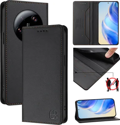 Obrázek produktu pro Kožené pouzdro pro Xiaomi 13 Ultra, flipové pouzdro s přihrádkami na karty, peněženkou a stojánkem Černý