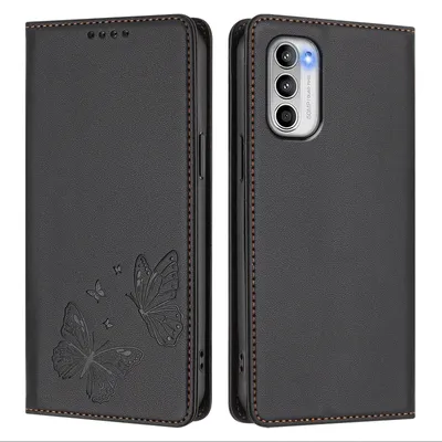 Obrázek produktu pro Kožené pouzdro pro Motorola Moto G 5G 2022, motýlí ražbou, peněženkové flip pouzdro se stojánkem Černá
