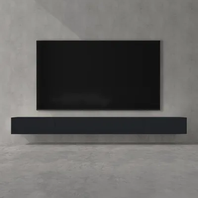 A modern living room setup with a wall-mounted TV and a floating media console.