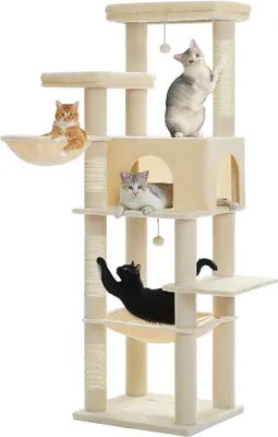Imagen del producto de Kratzbaum de 186 cm para gatos grandes: Árbol para gatos con 2 plataformas, una cueva para gatos, postes de sisal, un rascador, una cesta y una hamaca, color beige