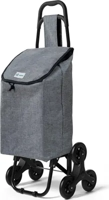 A grey shopping trolley with a unique three-wheel design for climbing stairs, shown against a white background.
